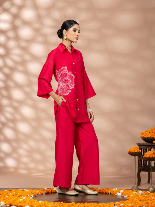 WineRed Women Solid Red Flower Embroidery Co-Ord Set