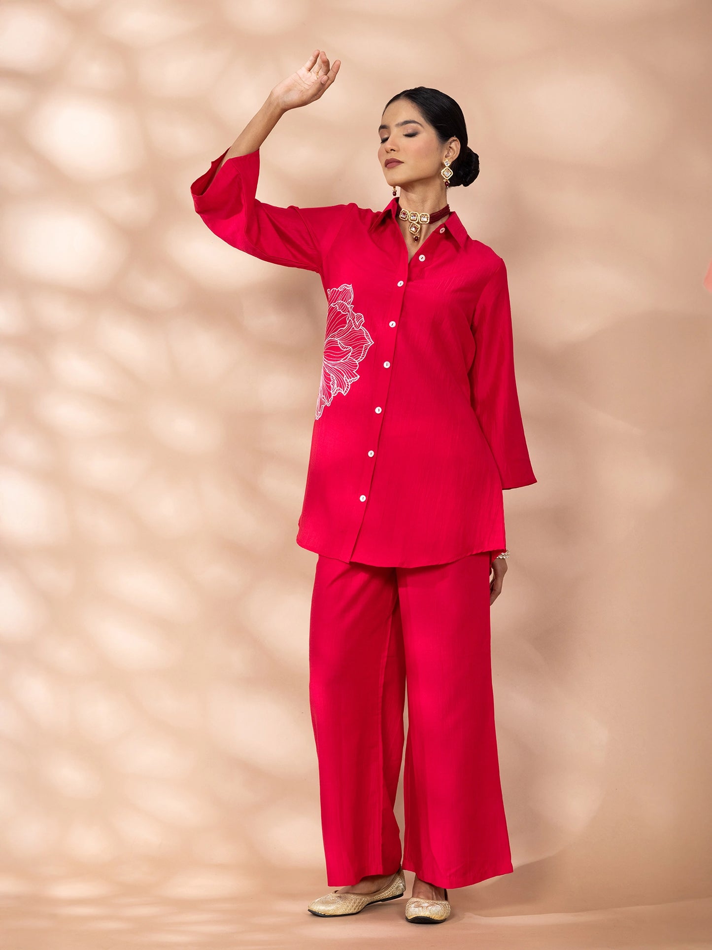 WineRed Women Solid Red Flower Embroidery Co-Ord Set
