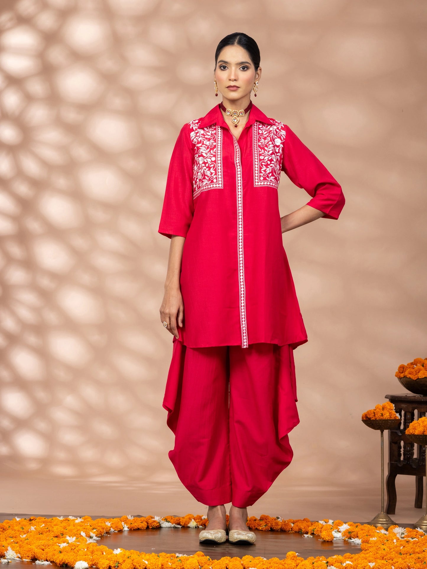 WineRed Women Red Embroidered Tunic with Harem Salwar Co-Set