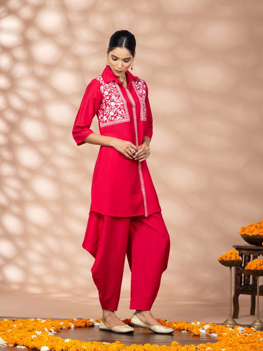 WineRed Women Red Embroidered Tunic with Harem Salwar Co-Set