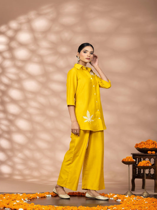 Women Solid Yellow Leaf Embroidery Co-Ord Set