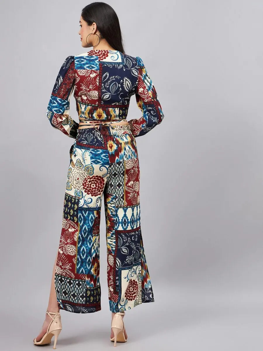 winered-woman-navy-blue-patch-print-crop-top-pant-set