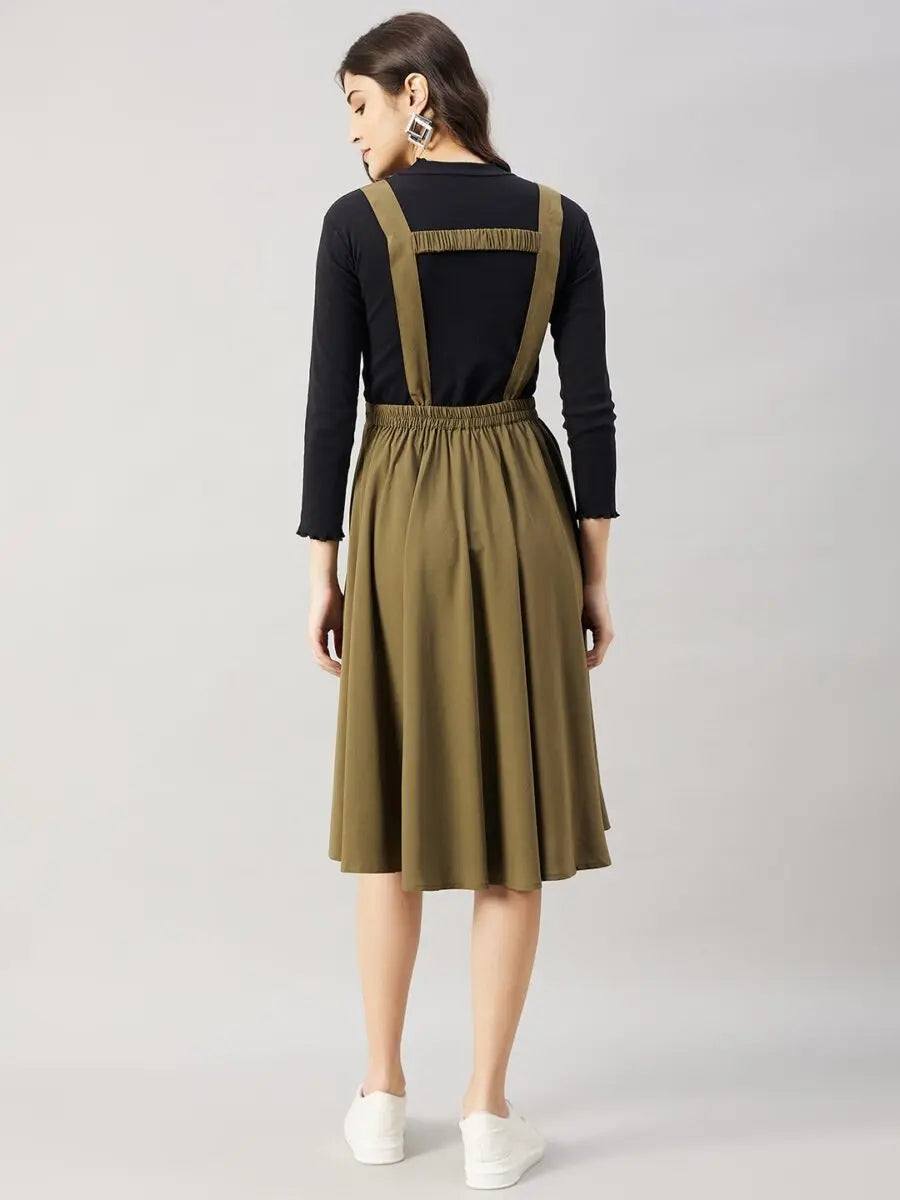 winered-women-green-pinafore-flared-dress