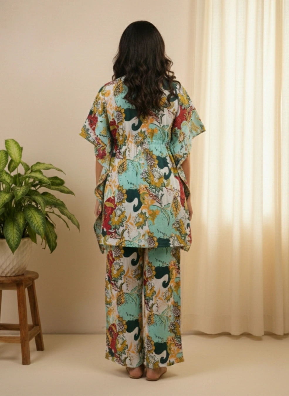 WineRed Women Multicolor Floral Print Kaftan Night-Suit Set