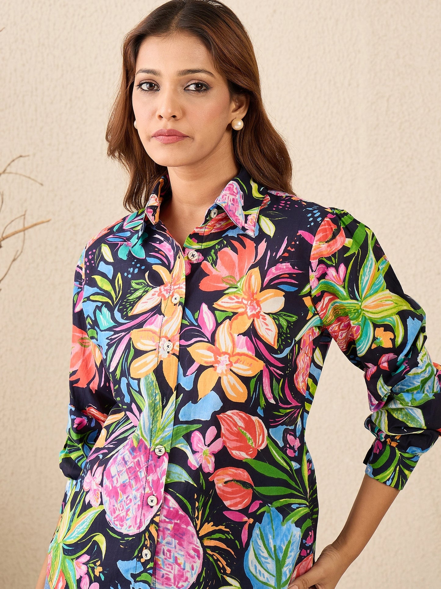 women-navy-blue-tropical-print-cotton-shirt