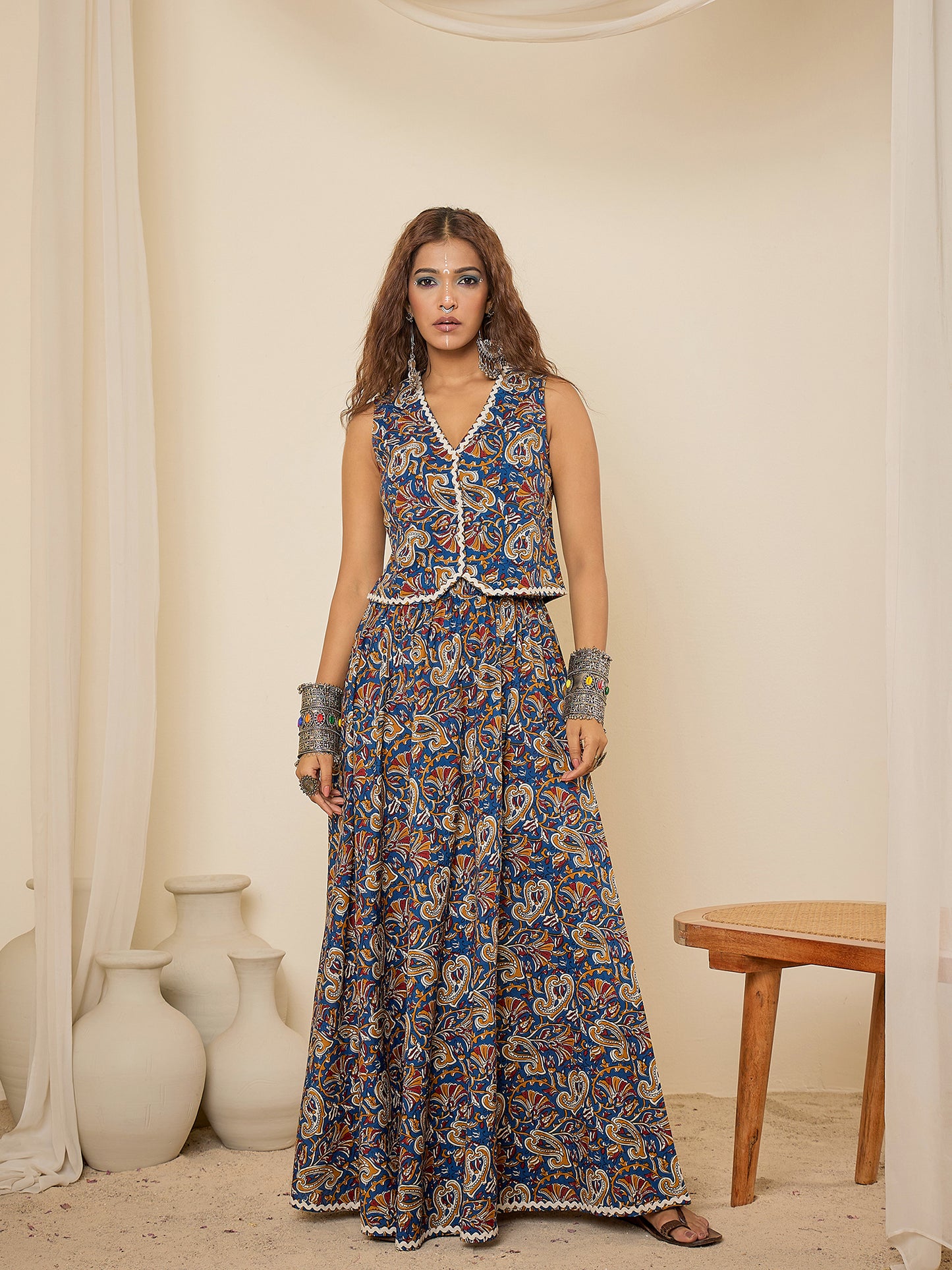 women-blue-cotton-lace-detailing-waistcoat-with-skirt-co-ord-set