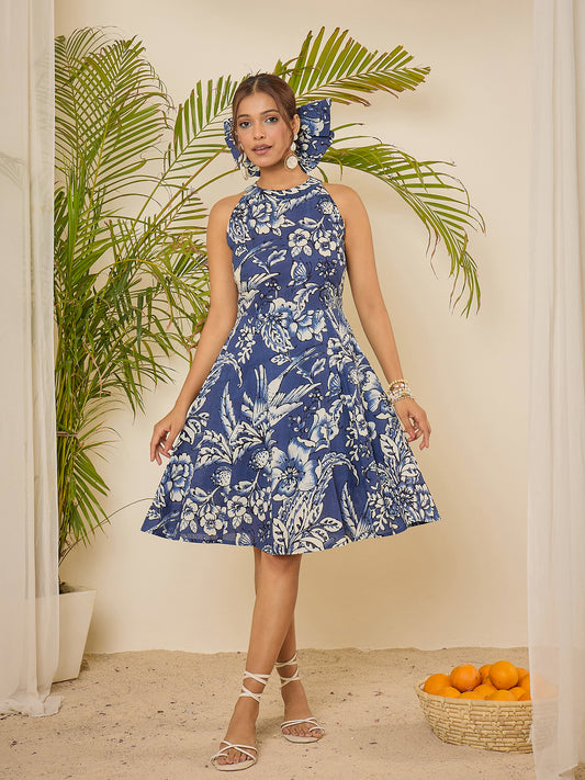 women-navy-blue-floral-print-halter-neck-cotton-dress