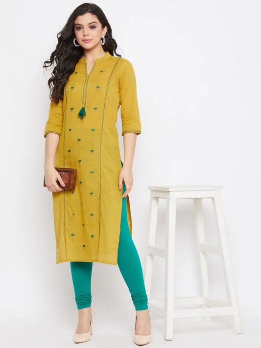 winered-mustard-yellow-straight-cotton-embroidered-kurta