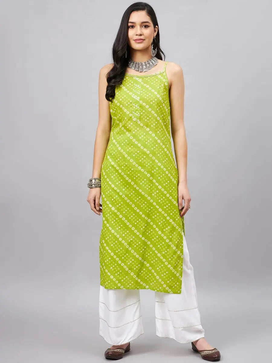 winered-women-green-bhandhej-print-strap-kurta-with-gota