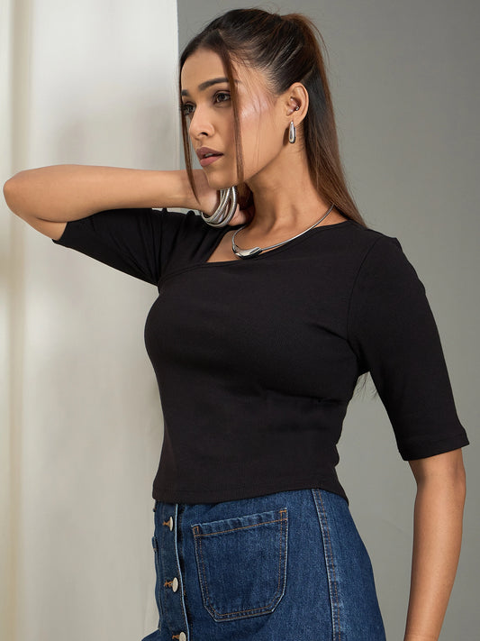 Women Black Asymmetrical Neck Ribbed Top