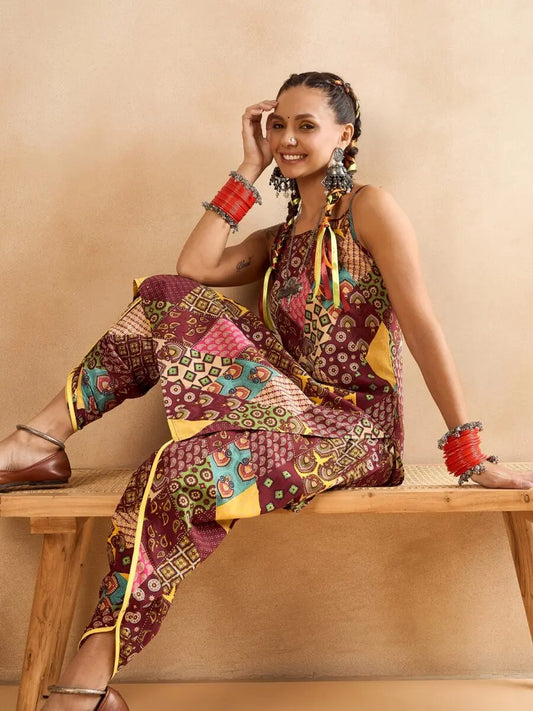 winered-woman-maroon-print-strap-kurta-dhoti-co-ord-set