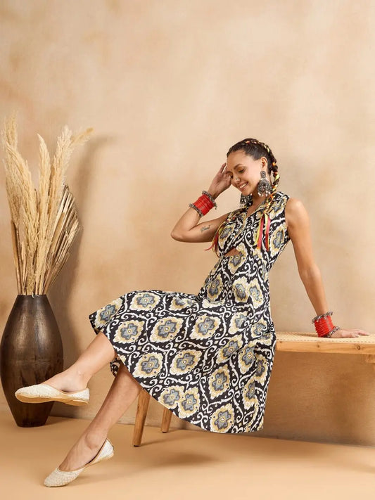 winered-women-black-printed-front-triangle-cut-out-a-line-dress