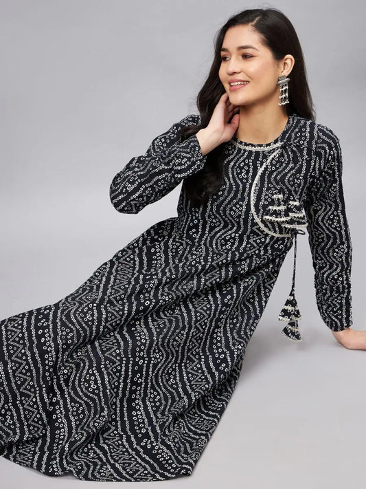 winered-women-black-bandhej-flared-angrakha-kurta