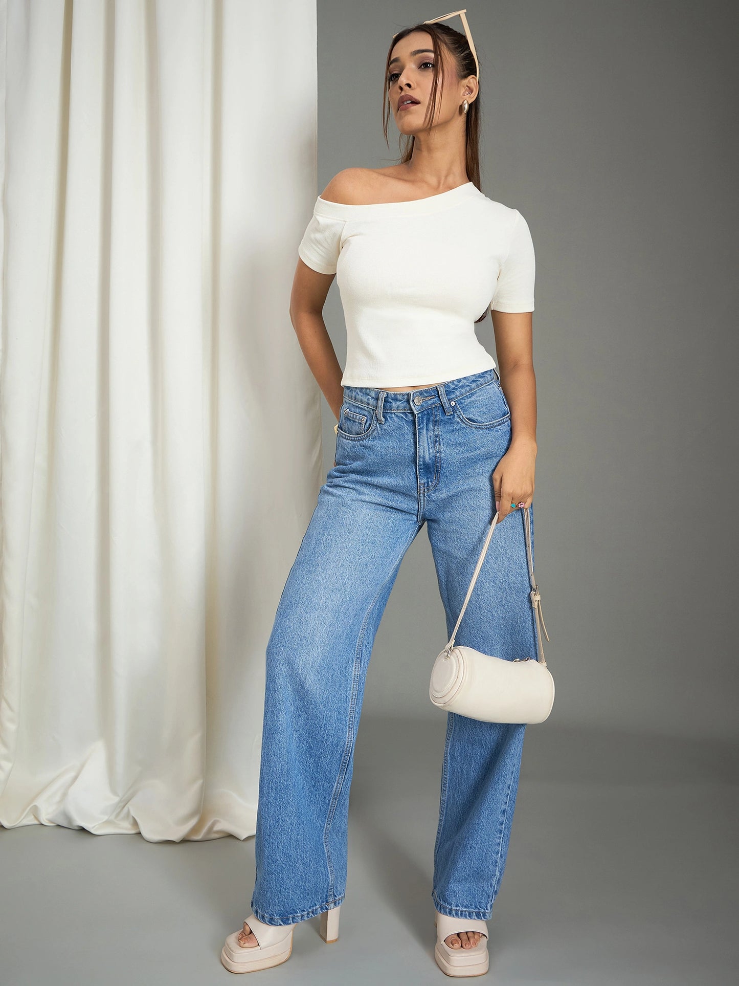 Women White One-Shoulder Ribbed Top