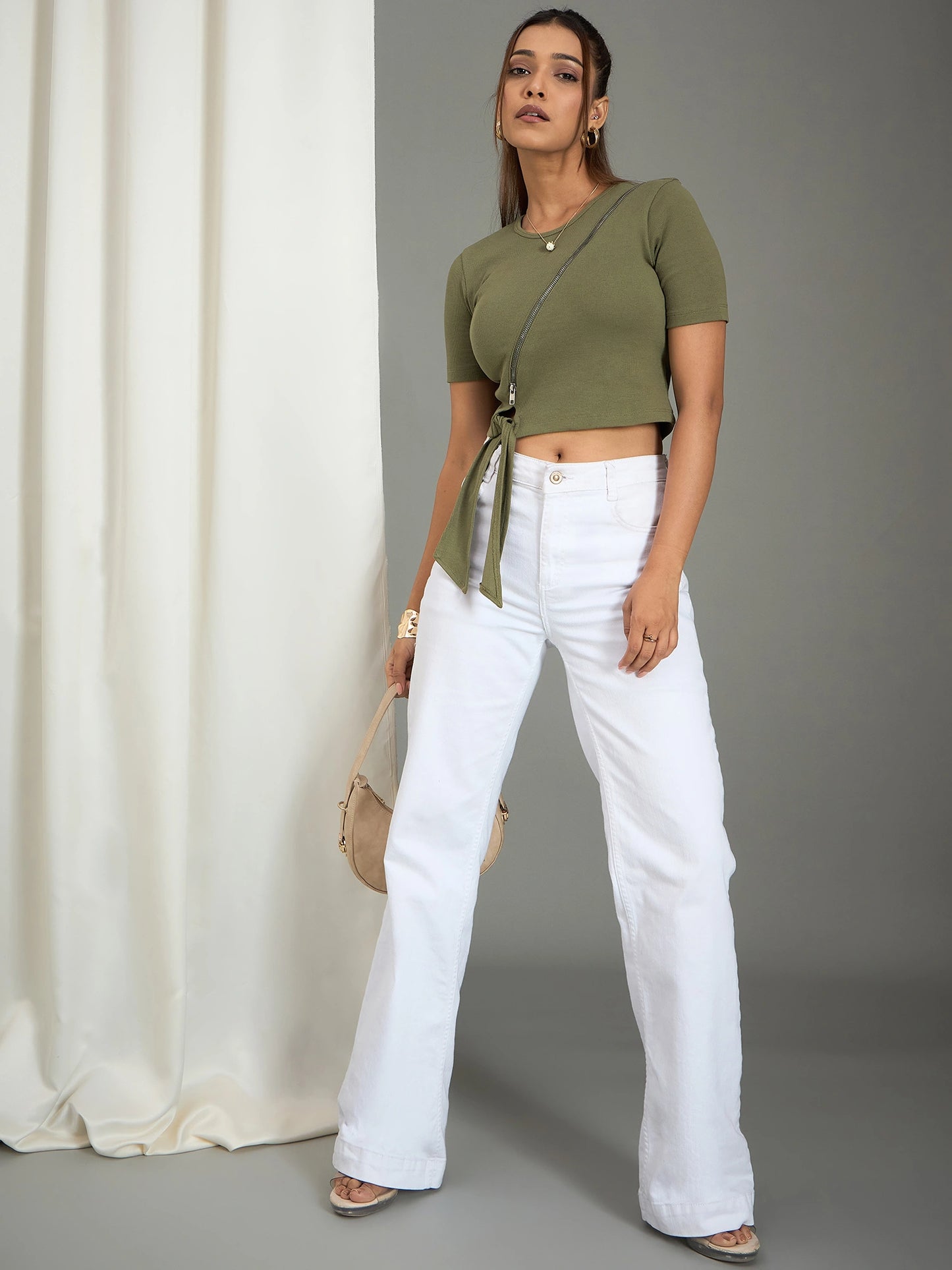 Women's Olive Ribbed Zip-Detail Crop Top