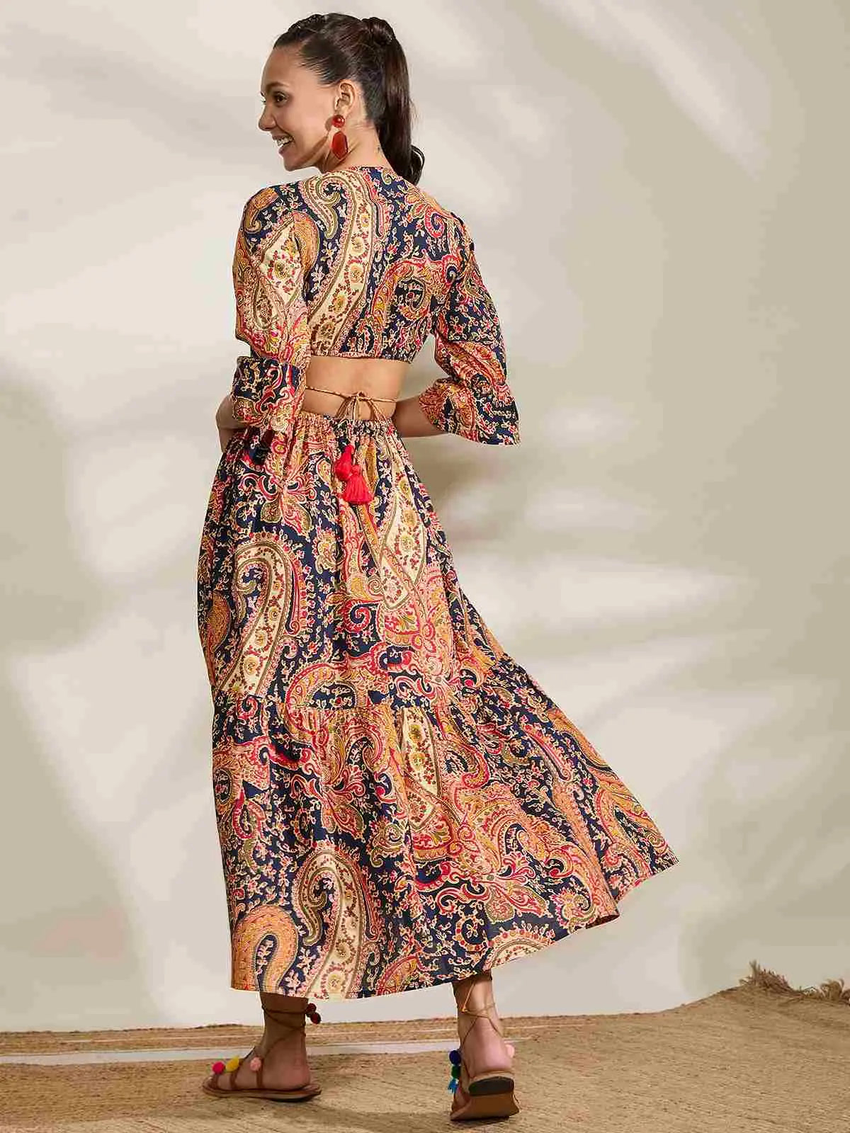 winered-women-navy-blue-paisley-print-waist-cut-out-midi-dress