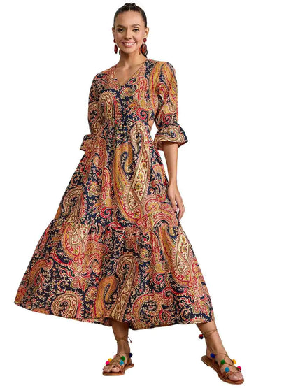 winered-women-navy-blue-paisley-print-waist-cut-out-midi-dress