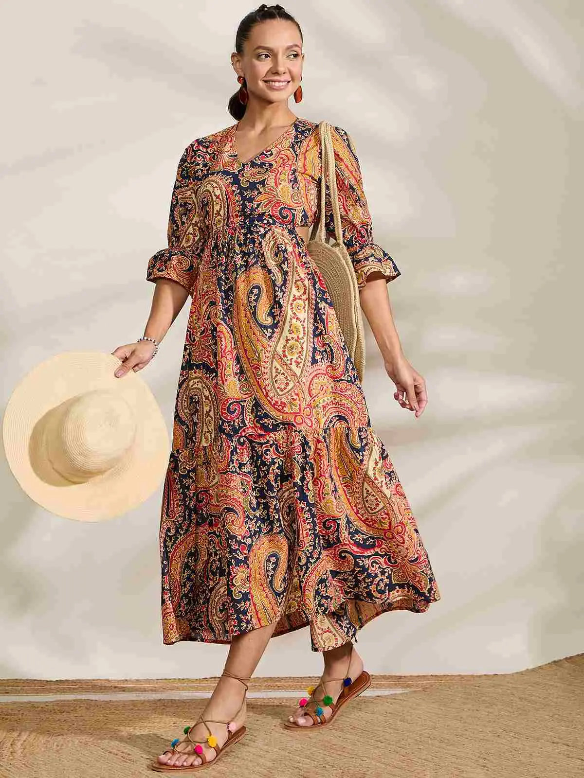 winered-women-navy-blue-paisley-print-waist-cut-out-midi-dress