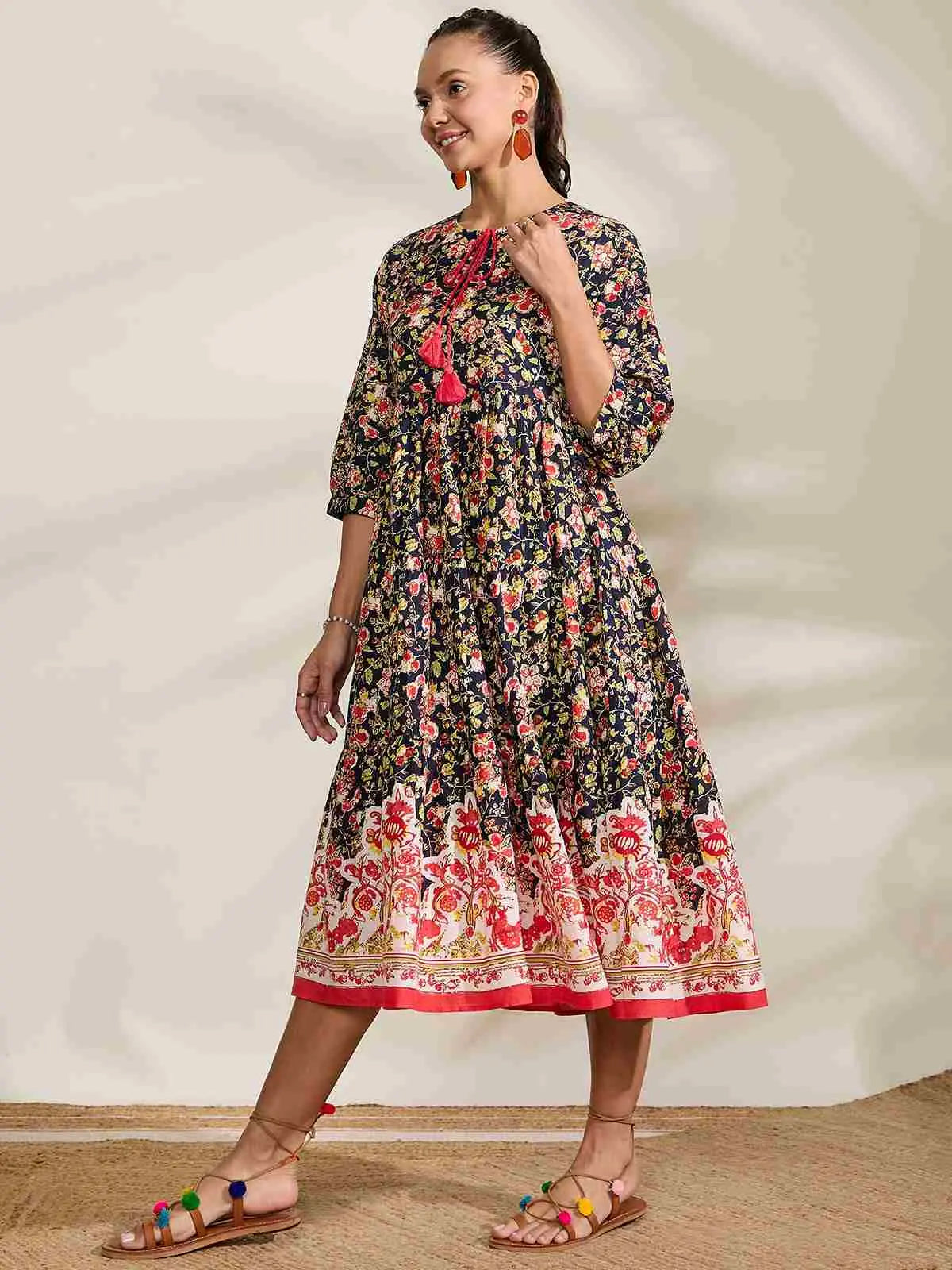 winered-navy-blue-printed-border-dress-with-tessels-at-yoke