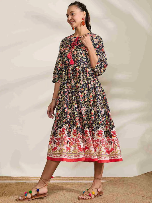 winered-navy-blue-printed-border-dress-with-tessels-at-yoke