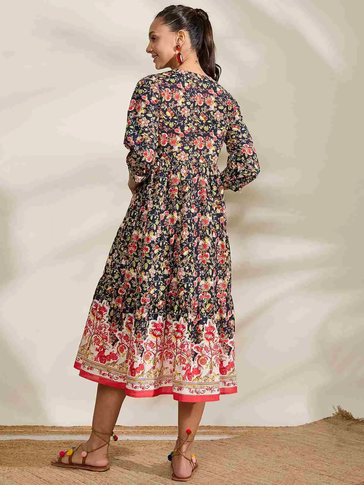winered-navy-blue-printed-border-dress-with-tessels-at-yoke