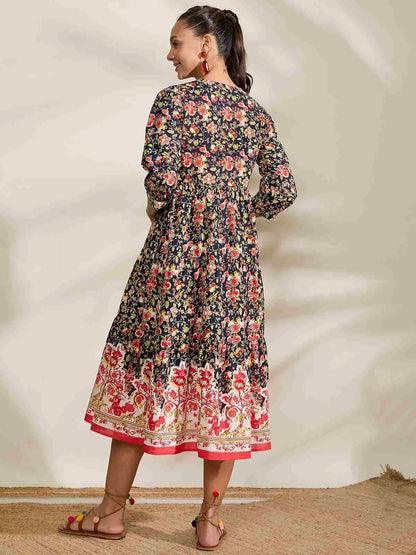 winered-navy-blue-printed-border-dress-with-tessels-at-yoke