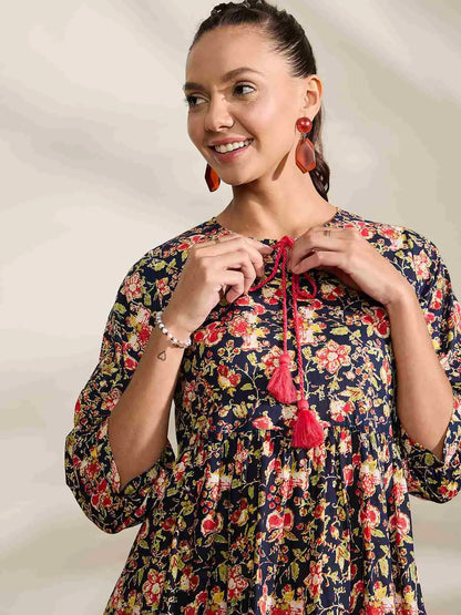 winered-navy-blue-printed-border-dress-with-tessels-at-yoke