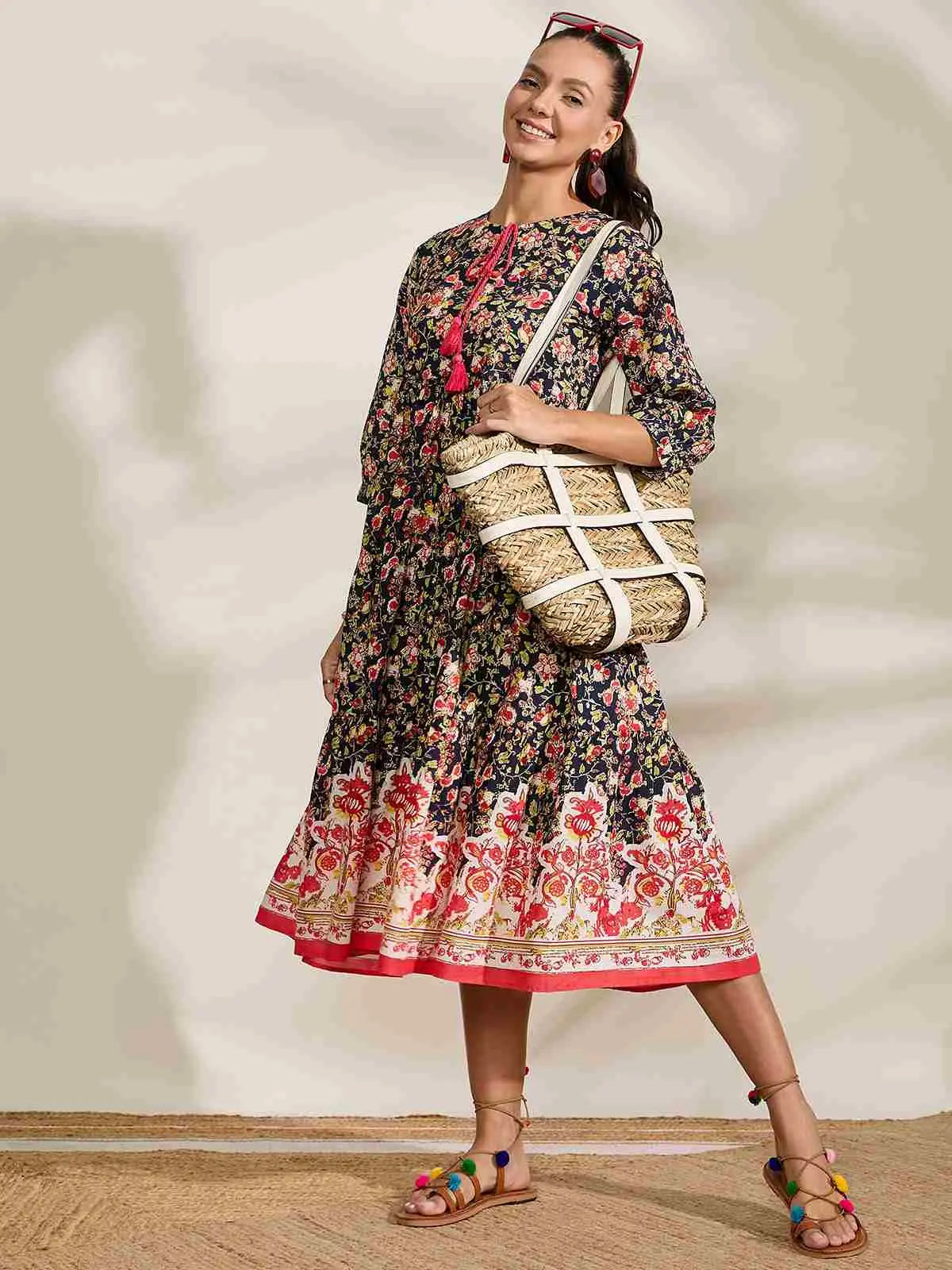 winered-navy-blue-printed-border-dress-with-tessels-at-yoke