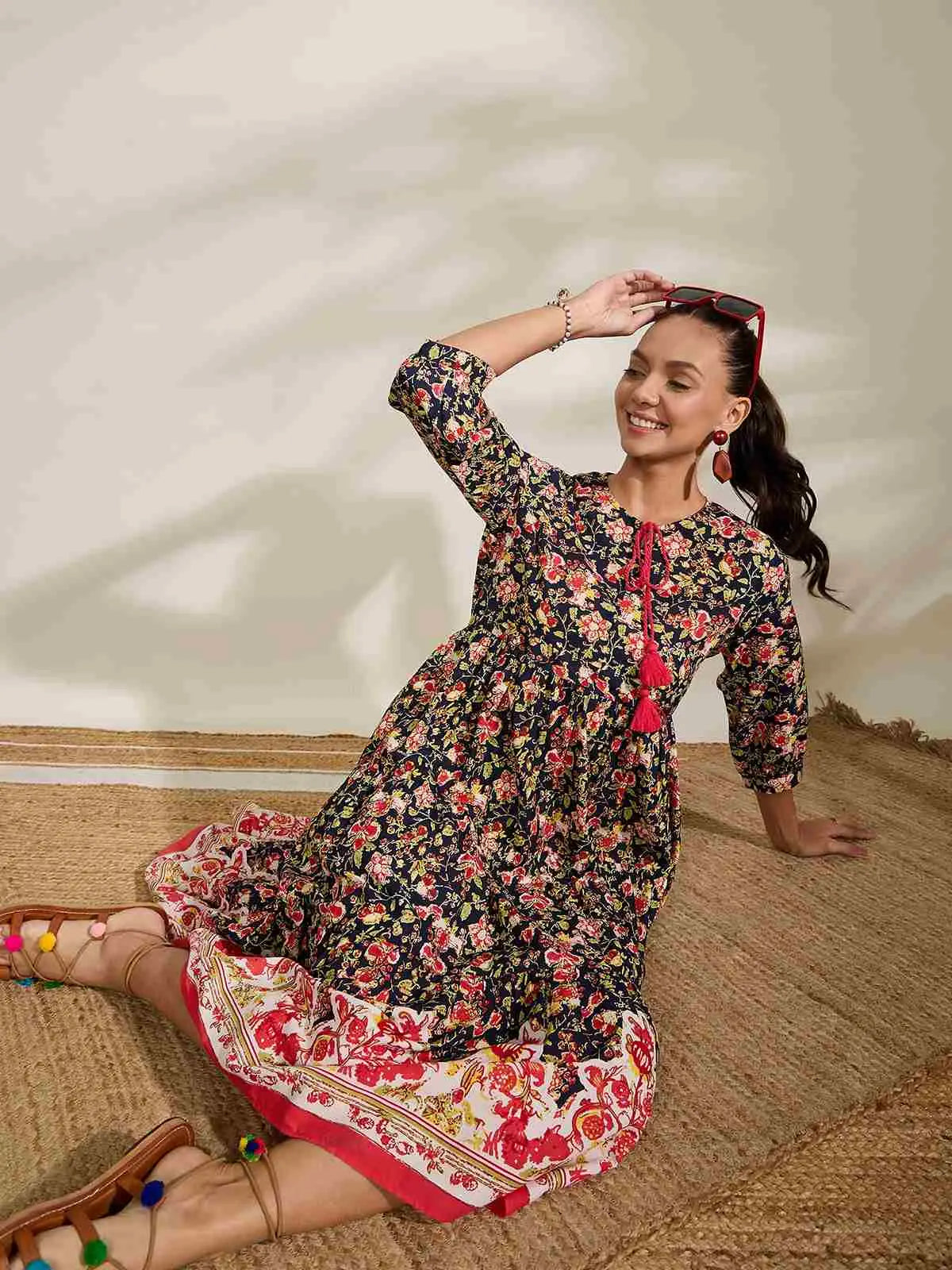 winered-navy-blue-printed-border-dress-with-tessels-at-yoke