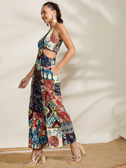 women-blue-printed-waist-cut-out-jumpsuit