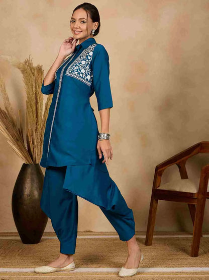 blue-embroidered-stitched-tunic-with-harem-salwar-co-ord-set-for-women
