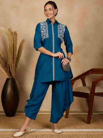 blue-embroidered-stitched-tunic-with-harem-salwar-co-ord-set-for-women