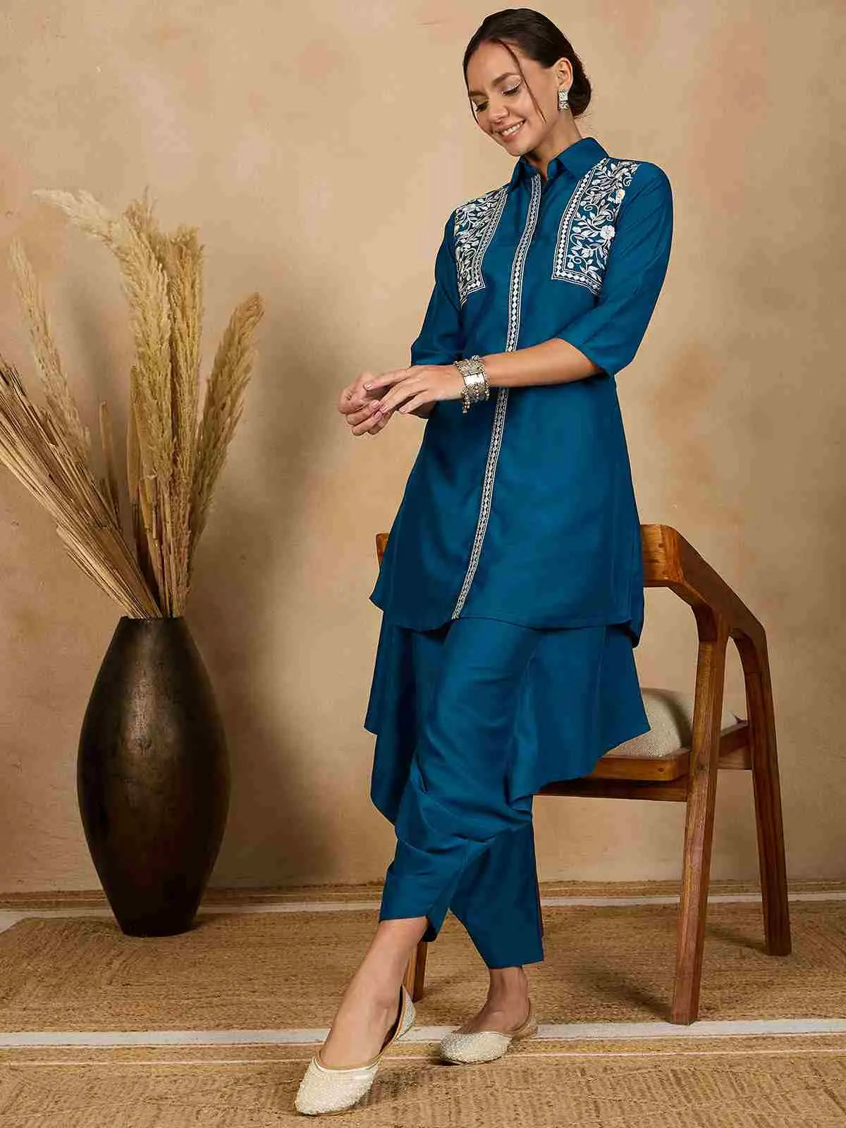 blue-embroidered-stitched-tunic-with-harem-salwar-co-ord-set-for-women