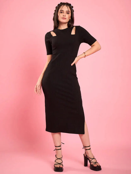 black-knitted-shoulder-cutout-ribbed-midi-bodycon-dress