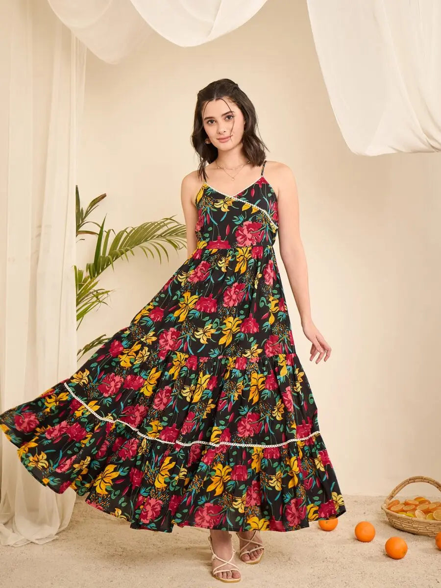 black-floral-printed-lace-strap-tiered-dress