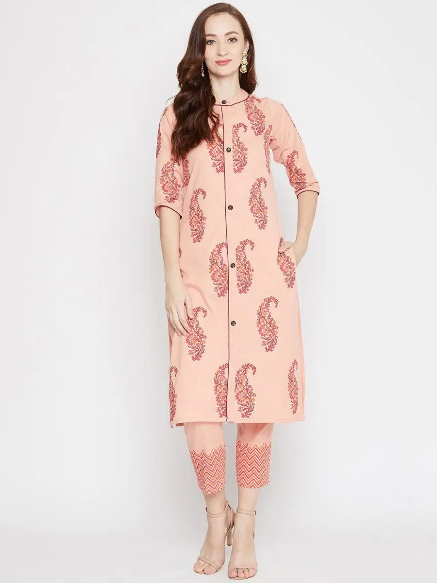 winered-peach-straight-cotton-printed-kurta-and-pant-set