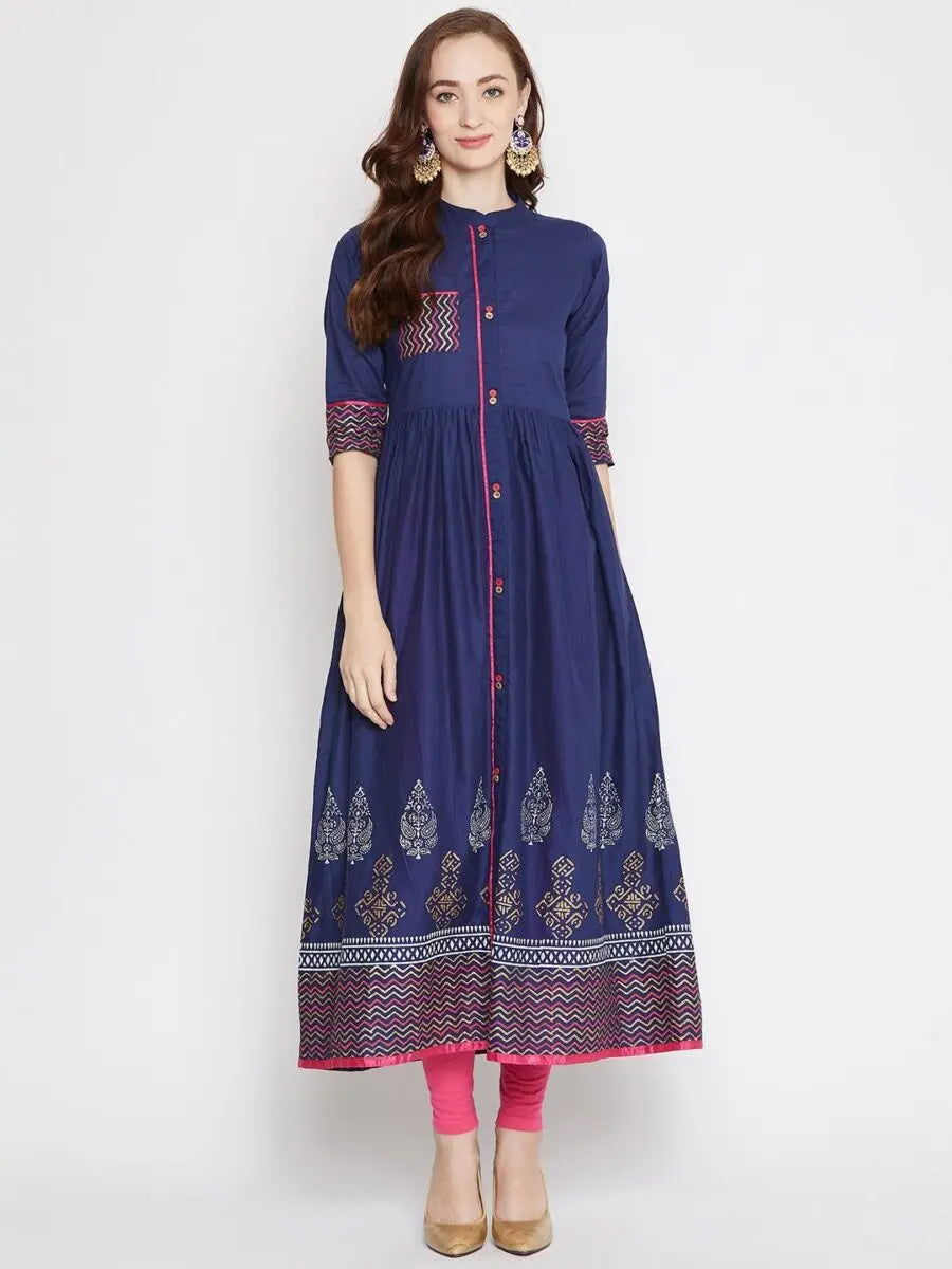 winered-blue-flared-cotton-printed-kurta