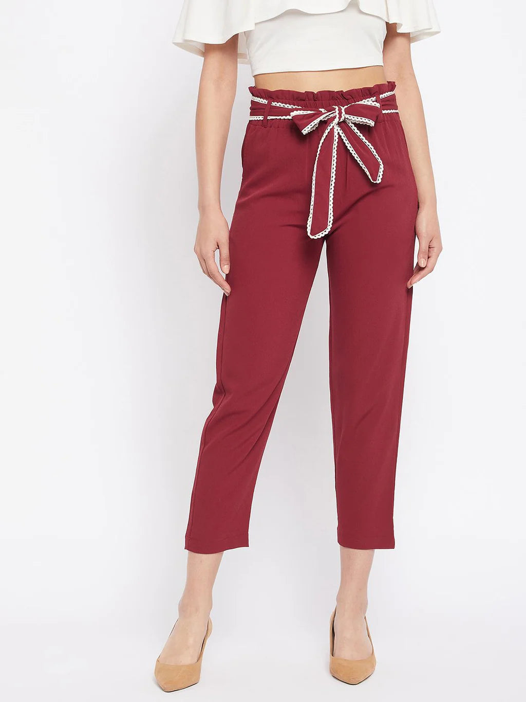 winered-women-maroon-trouser-with-lace-belt