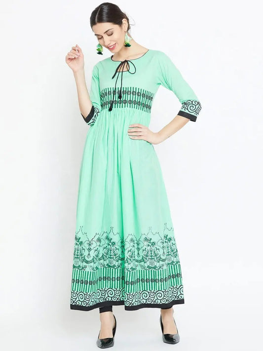winered-green-flared-cotton-blend-block-print-kurta