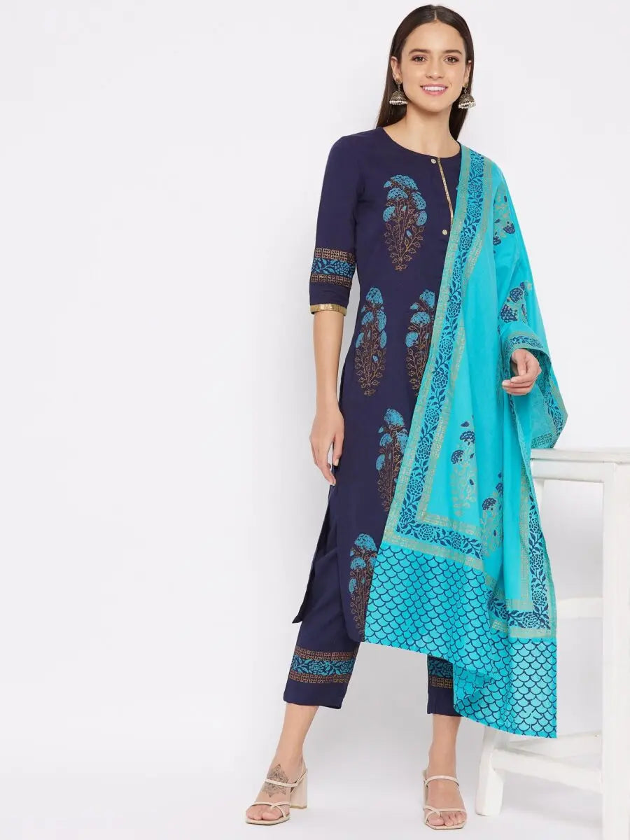 winered-dark-blue-straight-cotton-printed-kurta-pant-dupatta-set