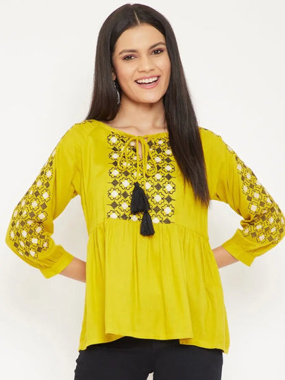 winered-yellow-embroidered-rayon-regular-top