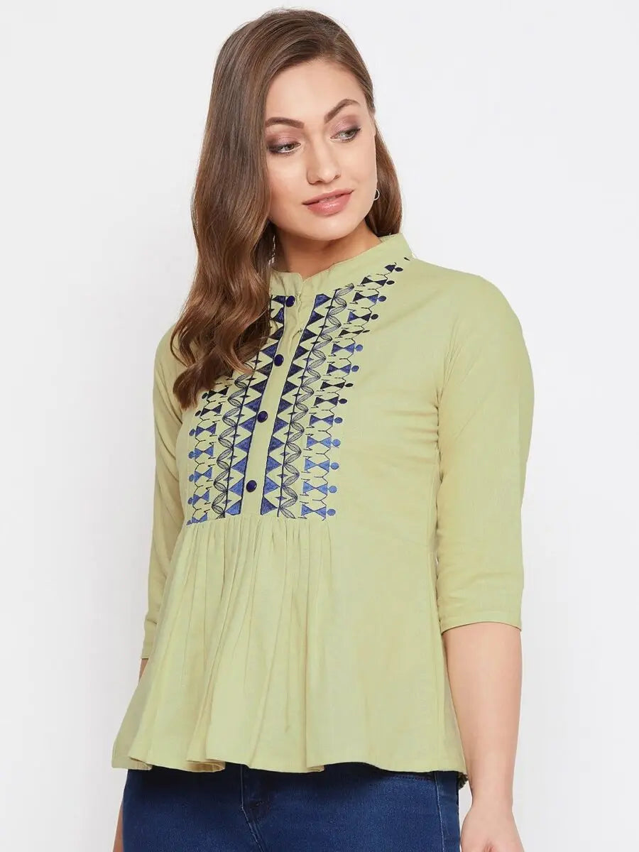 winered-light-green-embroidered-cotton-empire-waist-top