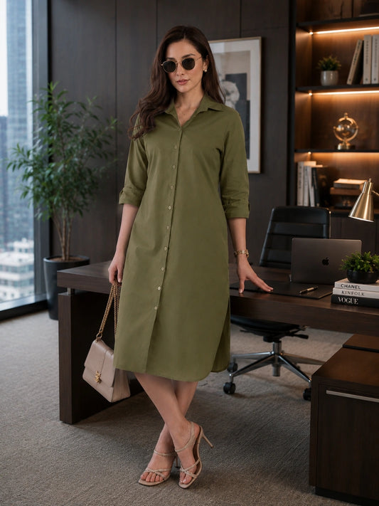 Women Green Side Silt Shirt Dress