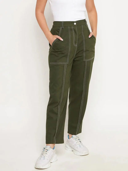 winered-olive-olive-cotton-trouser-for-women-with-contrast-thread