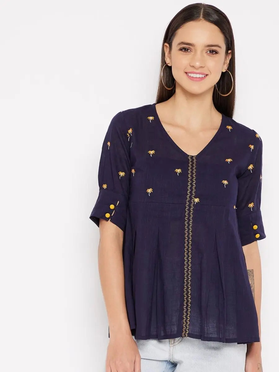 winered-navy-blue-a-line-cotton-embroidered-top