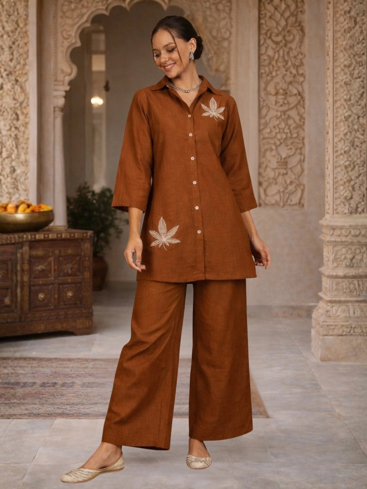 Women Solid Rust Leaf Embroidery Co-Ord Set