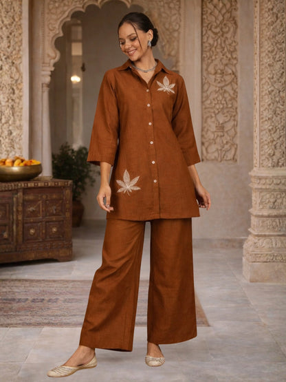 Women Solid Rust Leaf Embroidery Co-Ord Set