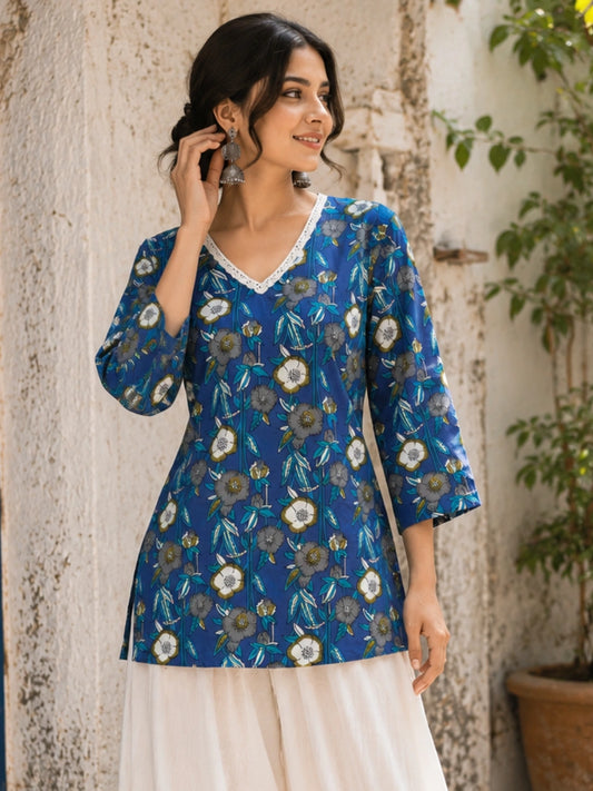 Women's Blue Floral Print Corset Style Short Kurti with V-Neck, Three-Quarter Flared Sleeves and Adjustable Back Tie-Up for Casual Wear