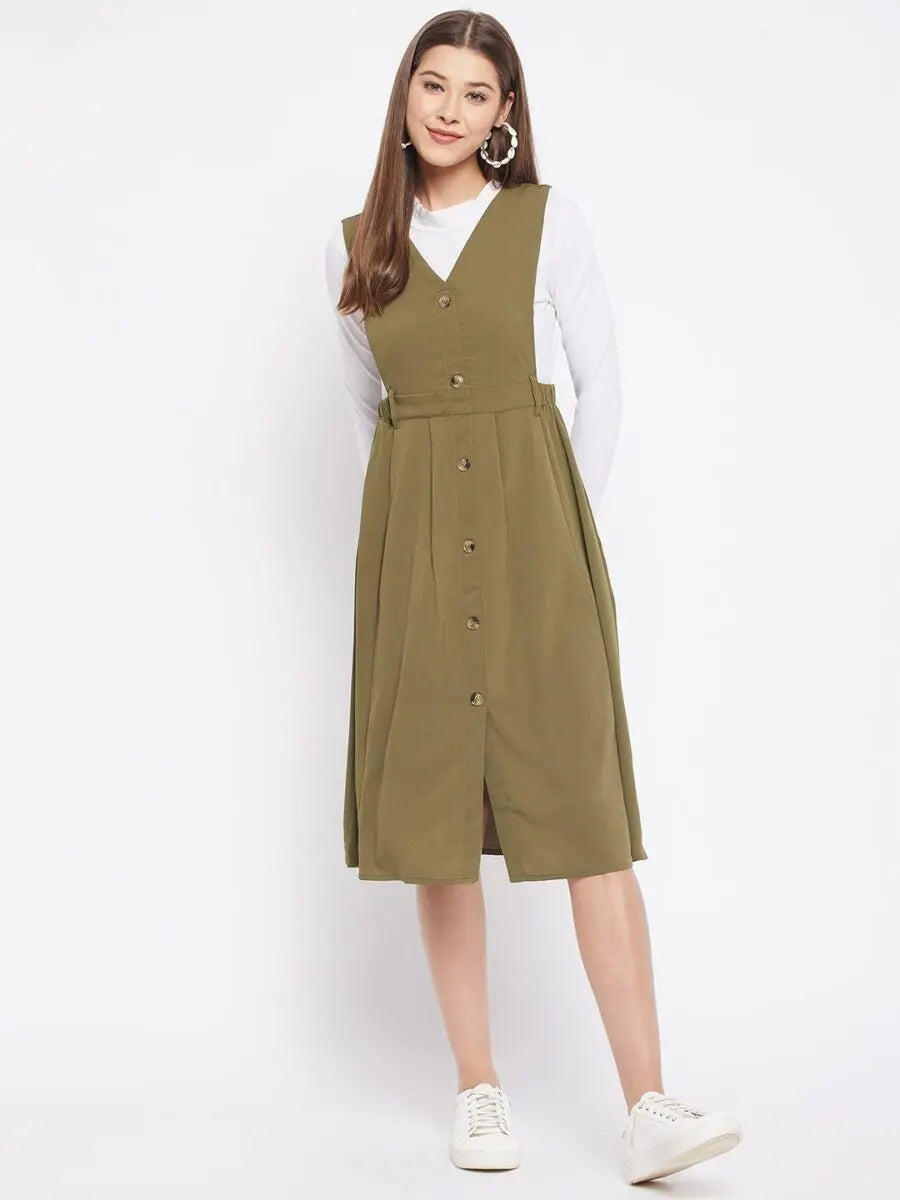 winered-green-pinafore-crepe-solid-dress