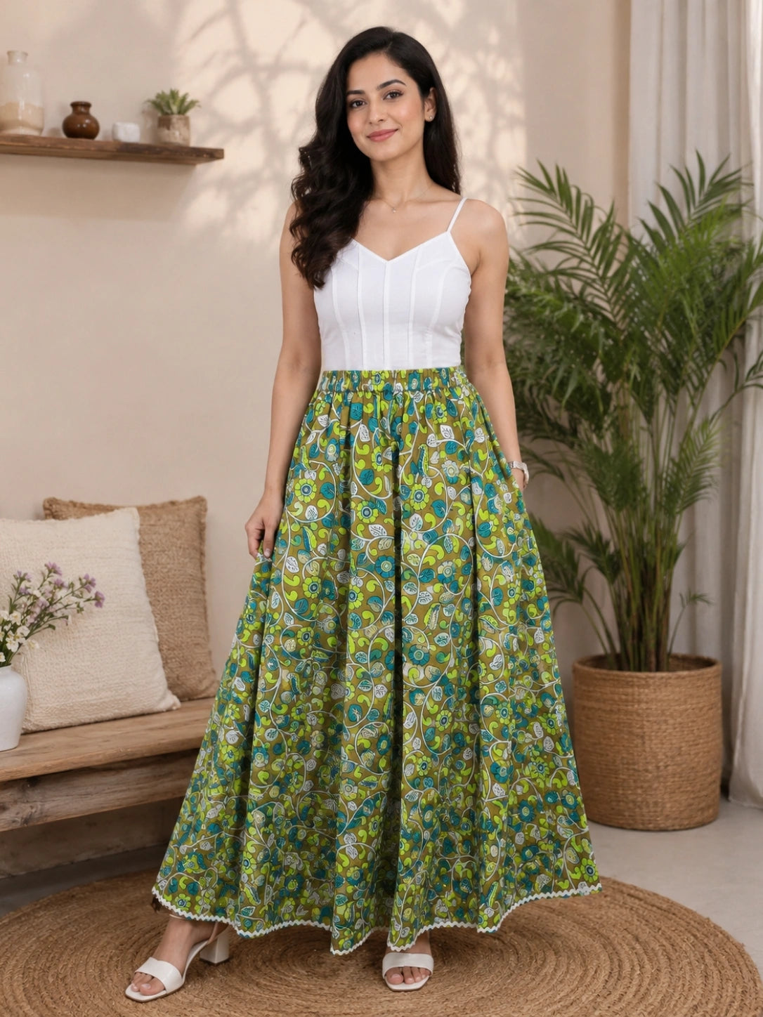 Women Cotton Ethnic Printed Maxi Flared Skirt with Contrast Lace Hem